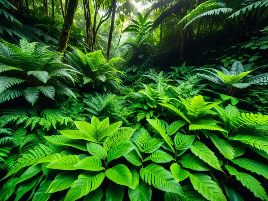 Diversidad de helechos en ecosistema selvático: una exuberante selva llena de helechos en tonos verdes, con luz solar filtrándose entre el dosel y creando sombras fascinantes