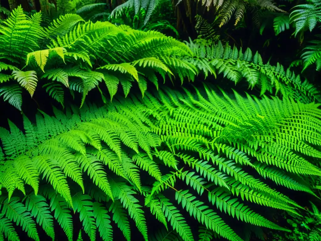 Diversidad de helechos en ecosistema selvático: Un exuberante bosque lluvioso con una variedad increíble de helechos en tonos verdes vibrantes