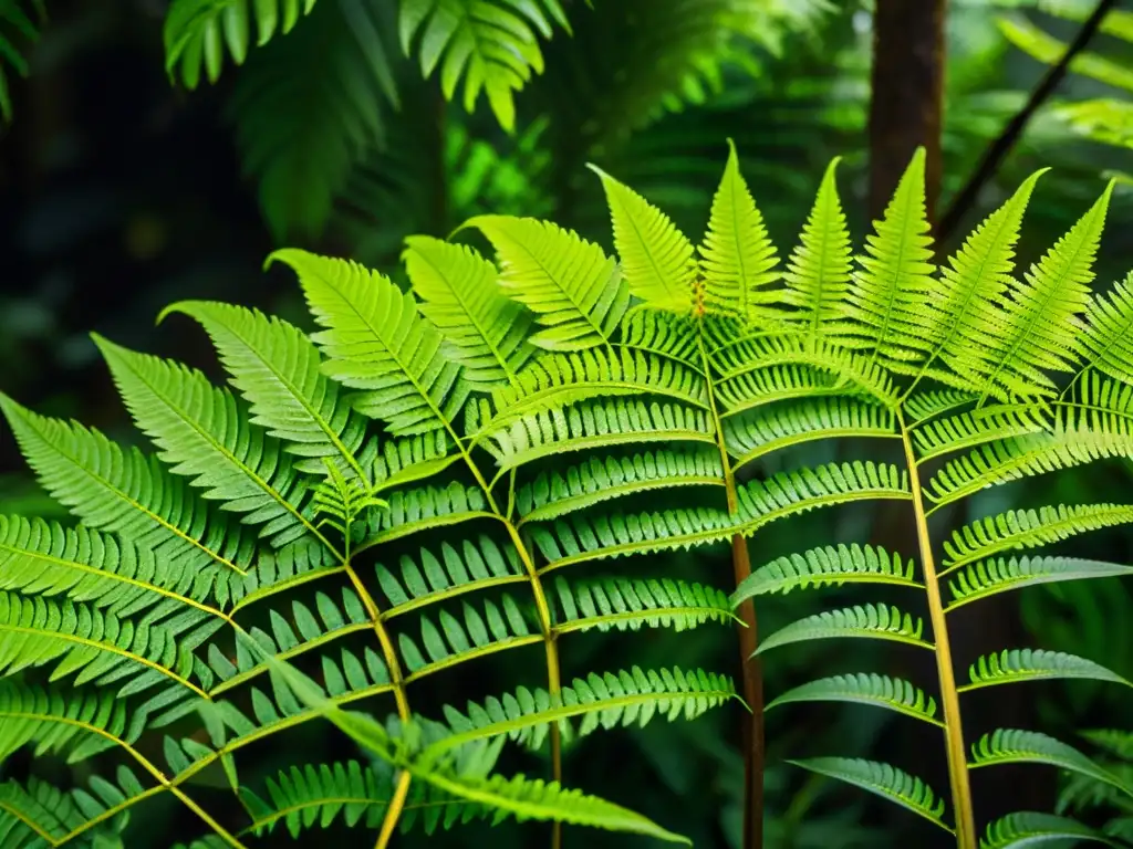 Diversidad de helechos en ecosistema selvático: Detalles vívidos de frondas y texturas en el exuberante bosque tropical