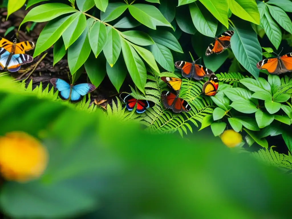 Diversidad de insectos en selva: Detalles vibrantes de la vida insecto en el suelo selvático, entre la exuberante vegetación y la luz del sol