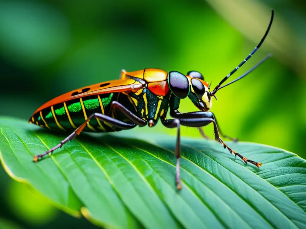 Diversidad de insectos en selva: Imagen detallada de insectos tropicales vibrantes en exuberante follaje de selva, resaltando su asombrosa diversidad