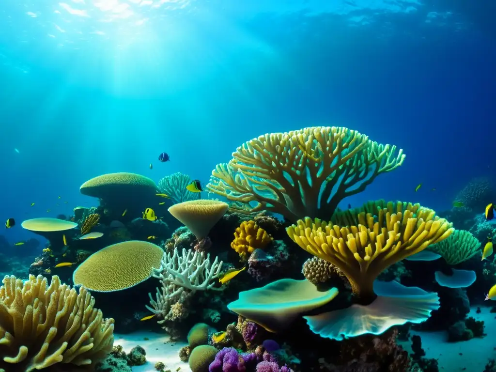 Diverso arrecife de coral, con colores vibrantes y adaptación de ecosistemas a fenómenos climáticos