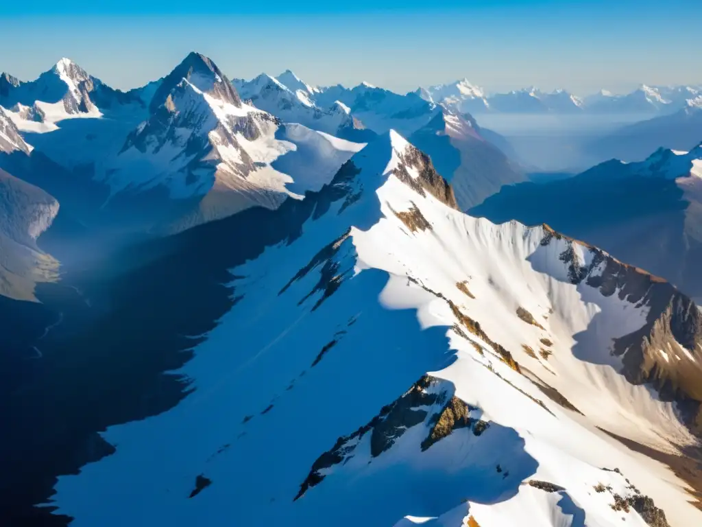 Documentales ecosistemas montañas altas: Vista aérea de picos nevados, valles cubiertos de niebla y un águila solitaria surcando el cielo azul