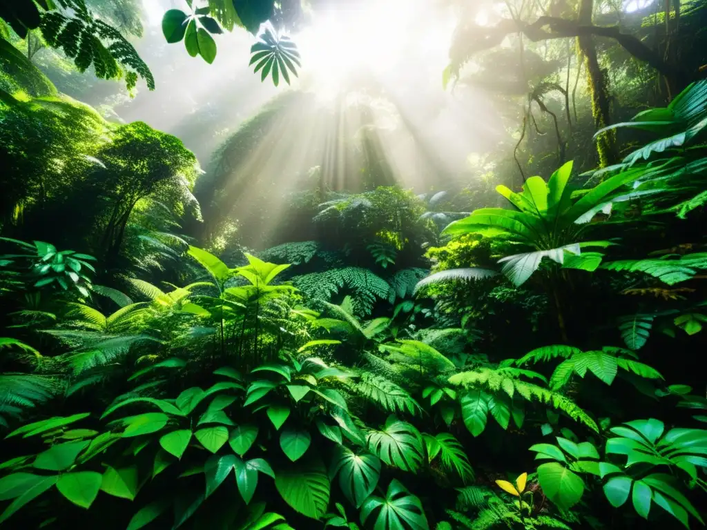 Documentales impacto políticas ambientales: espectacular selva lluviosa con diversa vida vegetal y animal, luz filtrándose entre hojas vibrantes