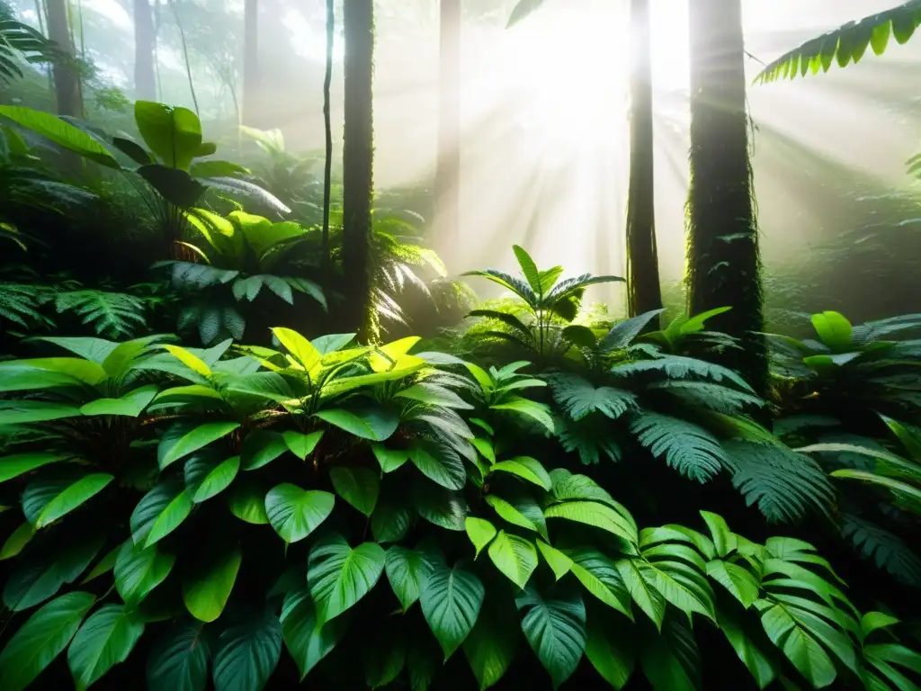 Un dosel exuberante de un bosque lluvioso, con luz solar filtrándose entre las frondosas hojas verdes