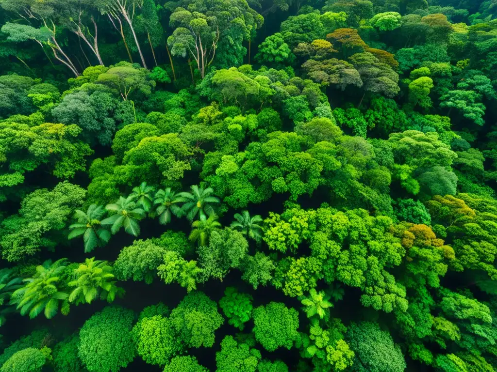 Dron captura detallada de exuberante selva desde arriba, mostrando biodiversidad