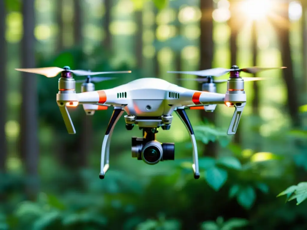 Un dron vuela sobre un exuberante bosque verde, mostrando detalles de sus sensores y hélices