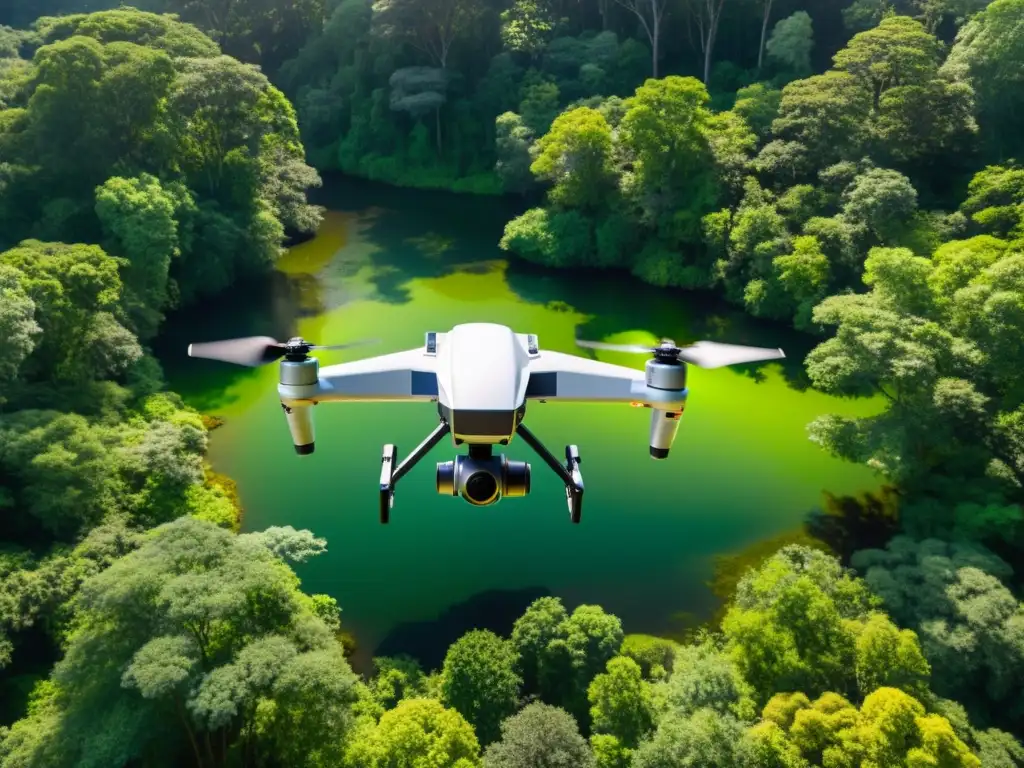 Un dron solar sobrevuela un exuberante bosque, capturando imágenes detalladas de la diversa flora y fauna