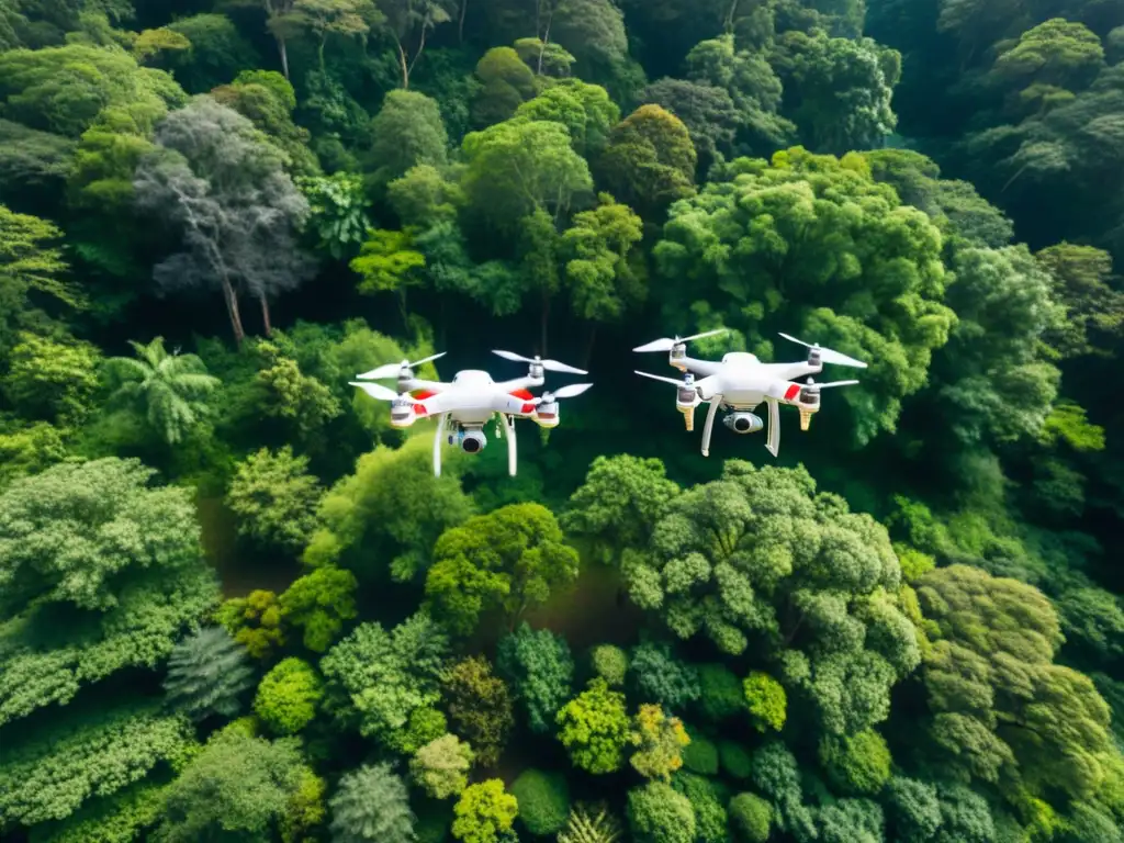 Drones capturando la biodiversidad del bosque para conservación ecosistemas monitoreo ambiental drones