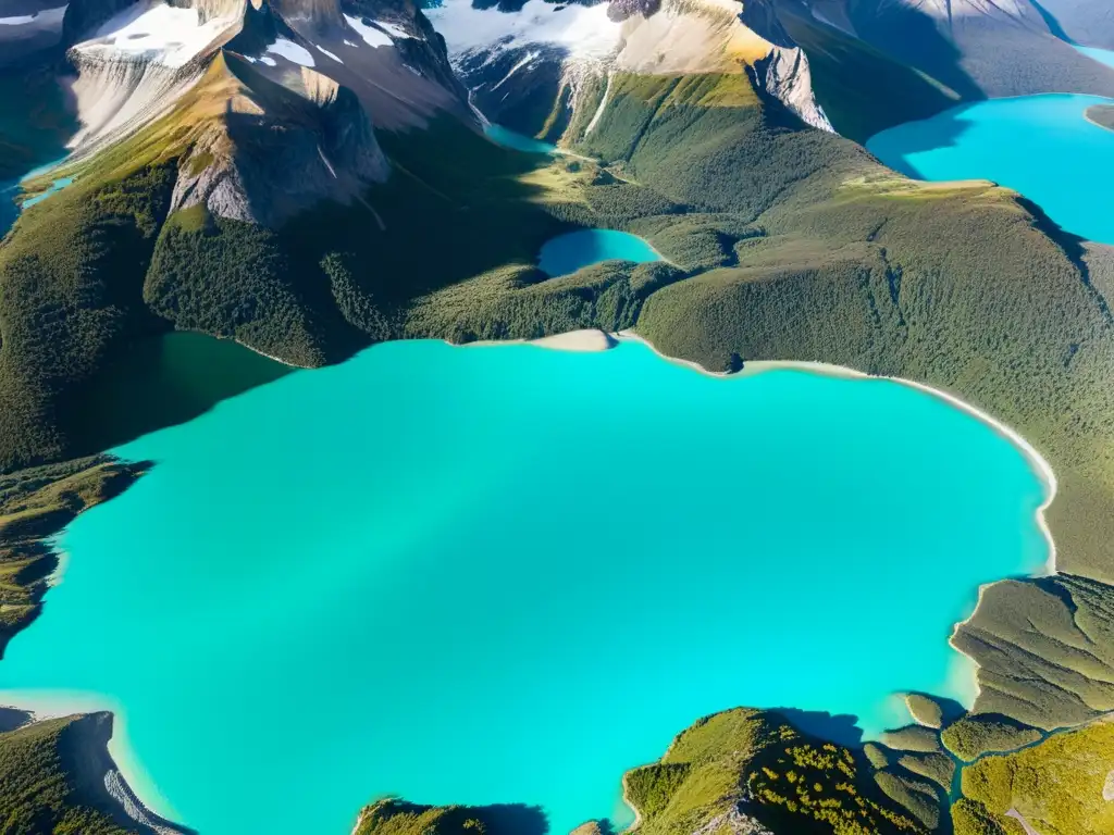 Fotografía con drones para documentar ecosistemas en el Parque Nacional Torres del Paine: montañas, lagos y bosques en una vista aérea impresionante