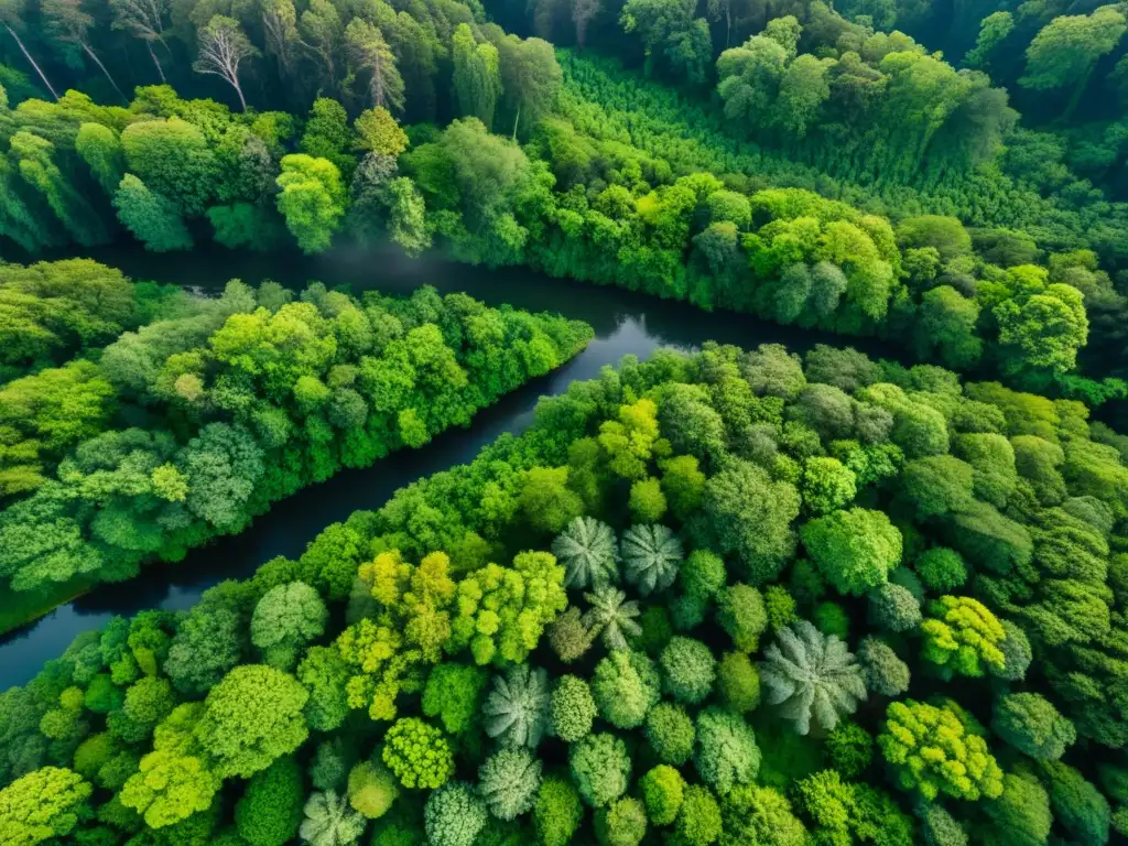 Fotografía con drones para documentar ecosistemas: Vista aérea de un exuberante bosque con ríos serpenteantes, flora diversa y una atmósfera etérea