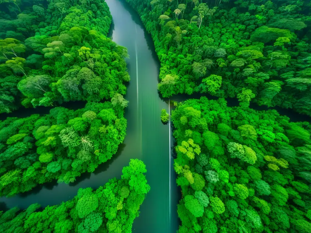 Drones en vigilancia de áreas protegidas: Vista aérea impresionante de un exuberante y vibrante bosque lluvioso, capturada por un dron sobre el dosel, resaltando su belleza natural