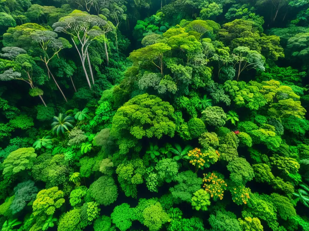 Drones en vigilancia de áreas protegidas: Vista aérea de exuberante selva tropical, con red de copas de árboles y vida silvestre entre el follaje