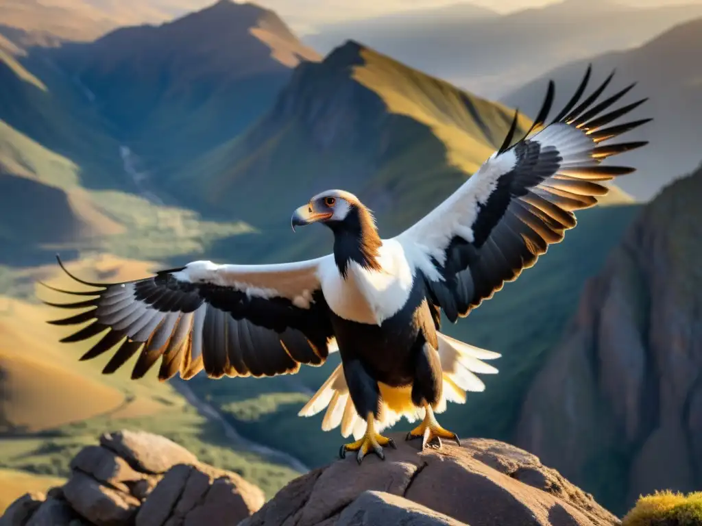 Eco del cóndor andino en Sudamérica: majestuoso cóndor sobrevolando la cordillera, bañado por la luz dorada del atardecer