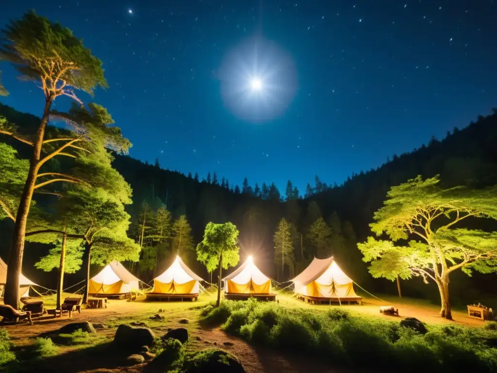 Un ecocampamento remoto iluminado por eco-luz sostenible en un bosque nocturno