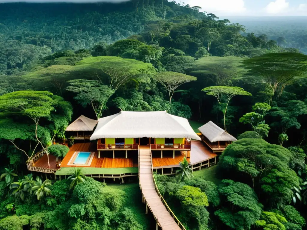 Refugio ecológico en la selva amazónica: experiencia inmersiva Un ecolodge sostenible se integra con la exuberante selva amazónica
