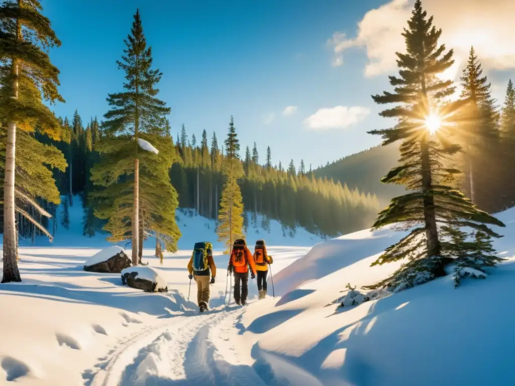 Explorando la ecología de la taiga siberiana: impresionante bosque de coníferas cubierto de nieve, bañado por la cálida luz del sol