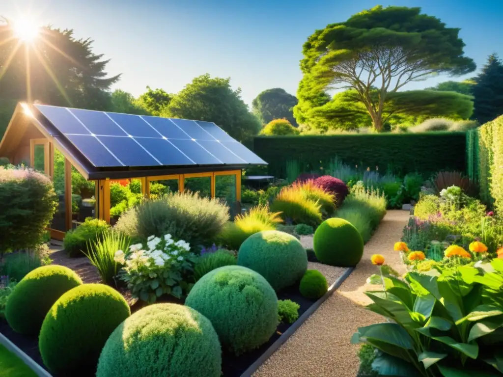 Un jardín ecológico bañado por la cálida luz solar con paneles solares integrados