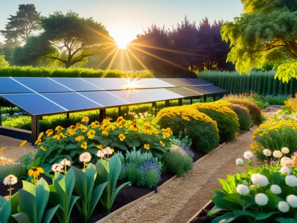 Un jardín ecológico bañado por la luz dorada del sol, con paneles solares integrados