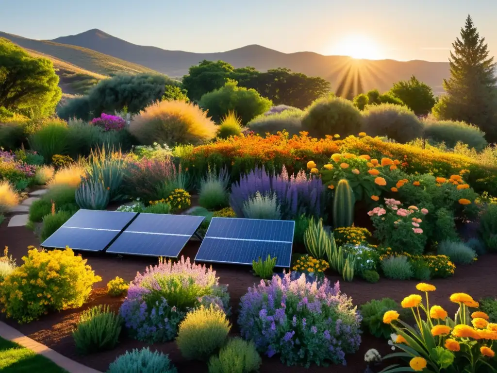 Un jardín ecológico lleno de vida y color bañado por la energía solar, con paneles solares integrados