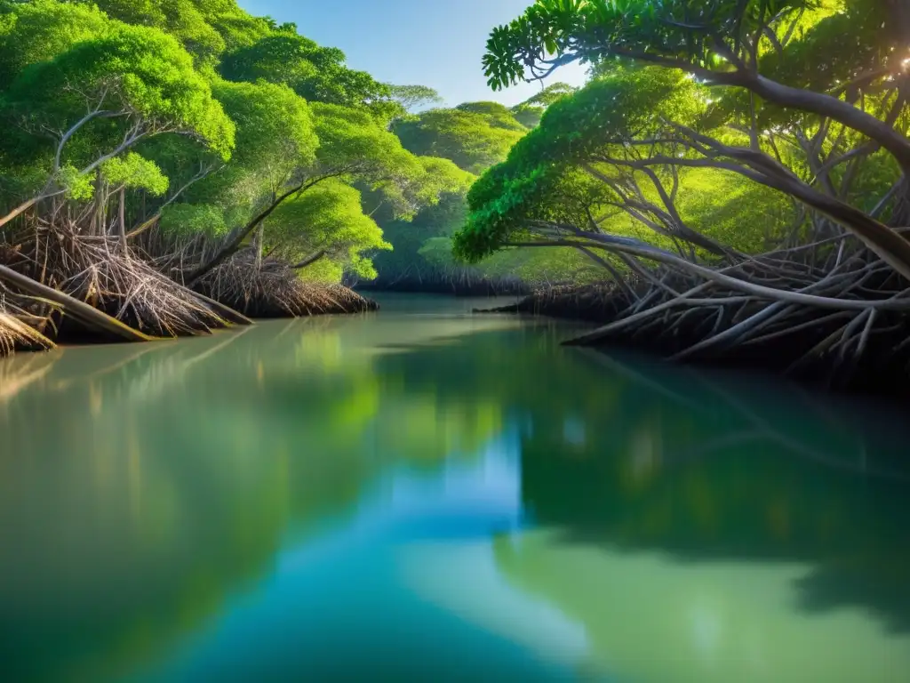 Kayak ecológico para manglares: Sereno bosque de manglares con redes de raíces y aves, reflejando la belleza y biodiversidad