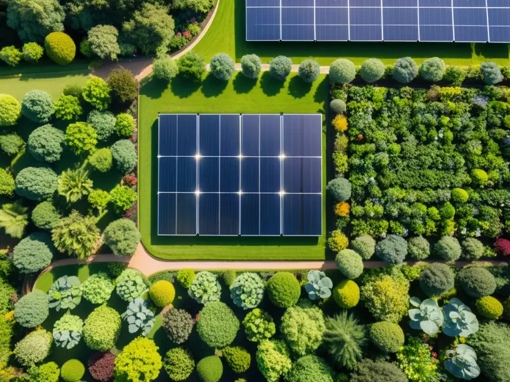 Un jardín ecológico con paneles solares, integrando la energía solar en armonía con la naturaleza