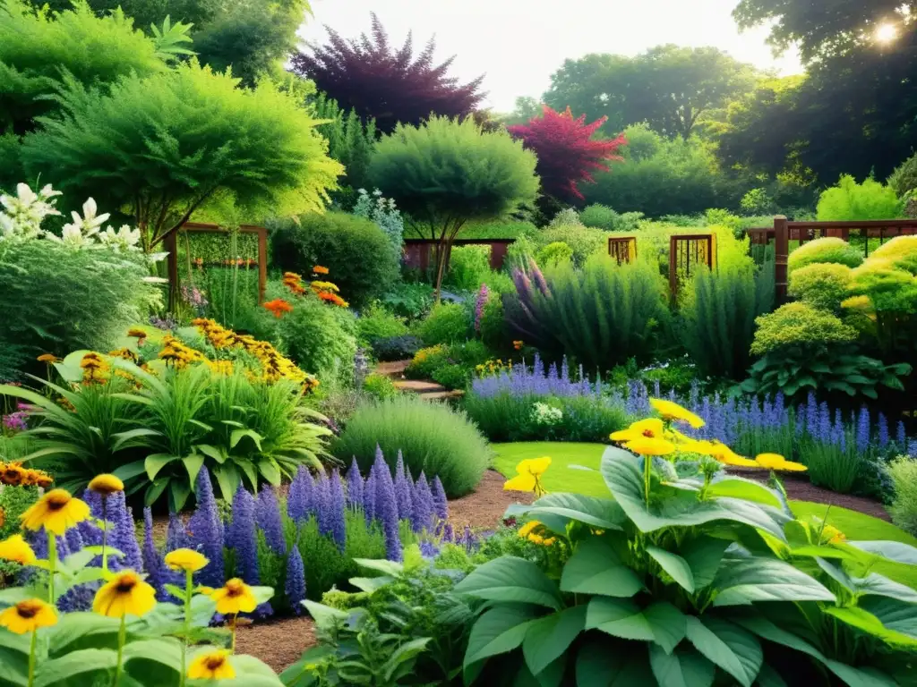 Un jardín ecológico rebosante de plantas medicinales en armoniosa integración, con luz solar y vida natural