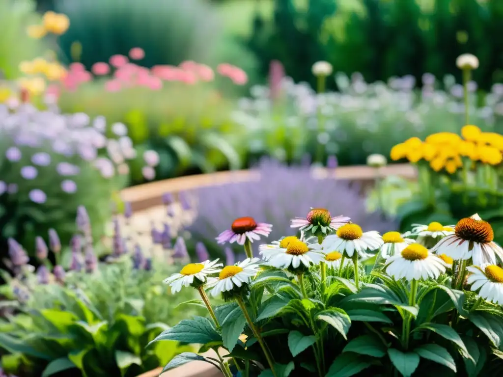 Un jardín ecológico rebosante de plantas medicinales como lavanda, equinácea, manzanilla y menta