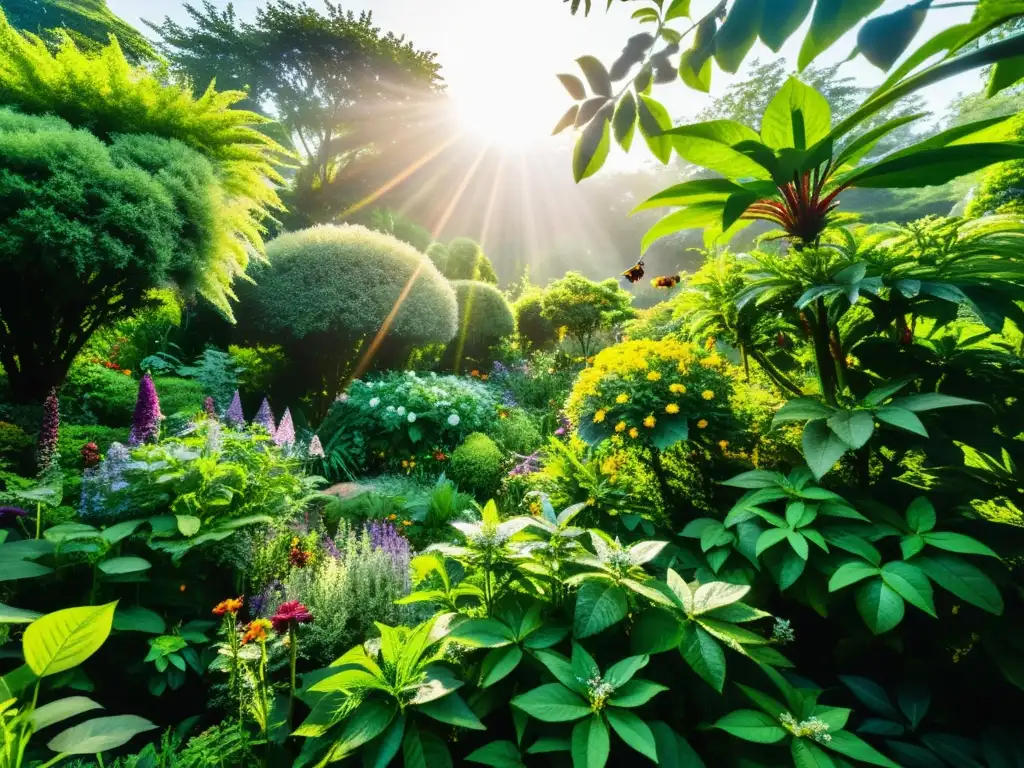 Un jardín ecológico rebosante de plantas medicinales en un exuberante y vibrante paisaje, iluminado por el sol y la vida de abejas y mariposas