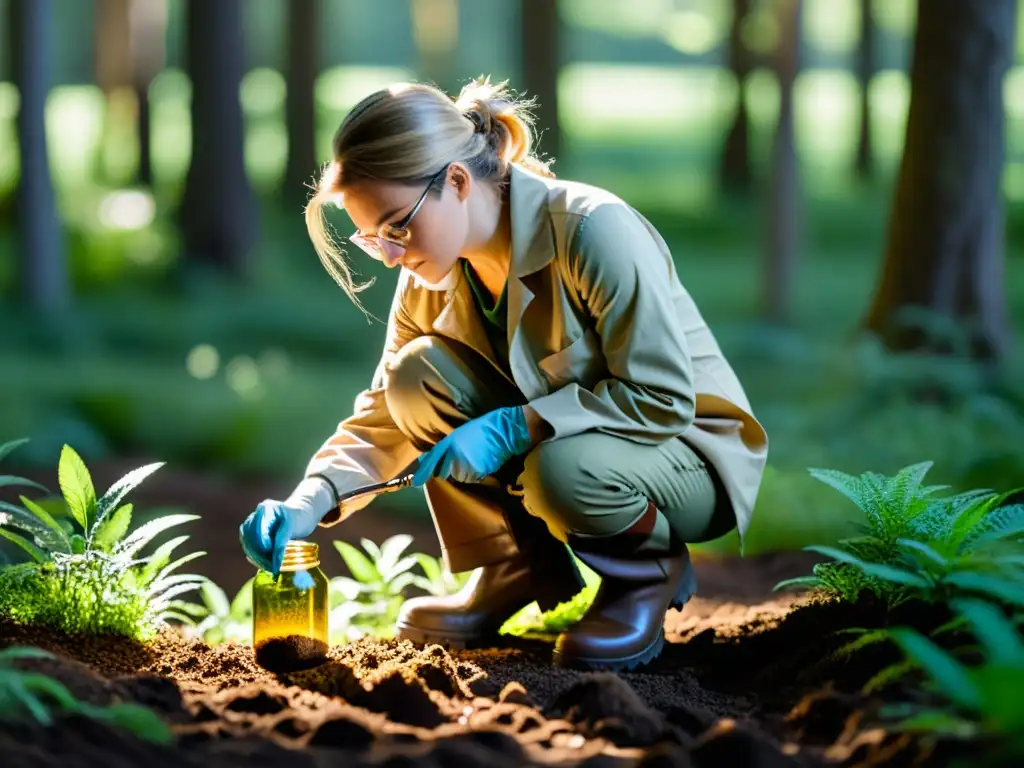 Un ecologista examina atentamente un ecosistema delicado en un campo