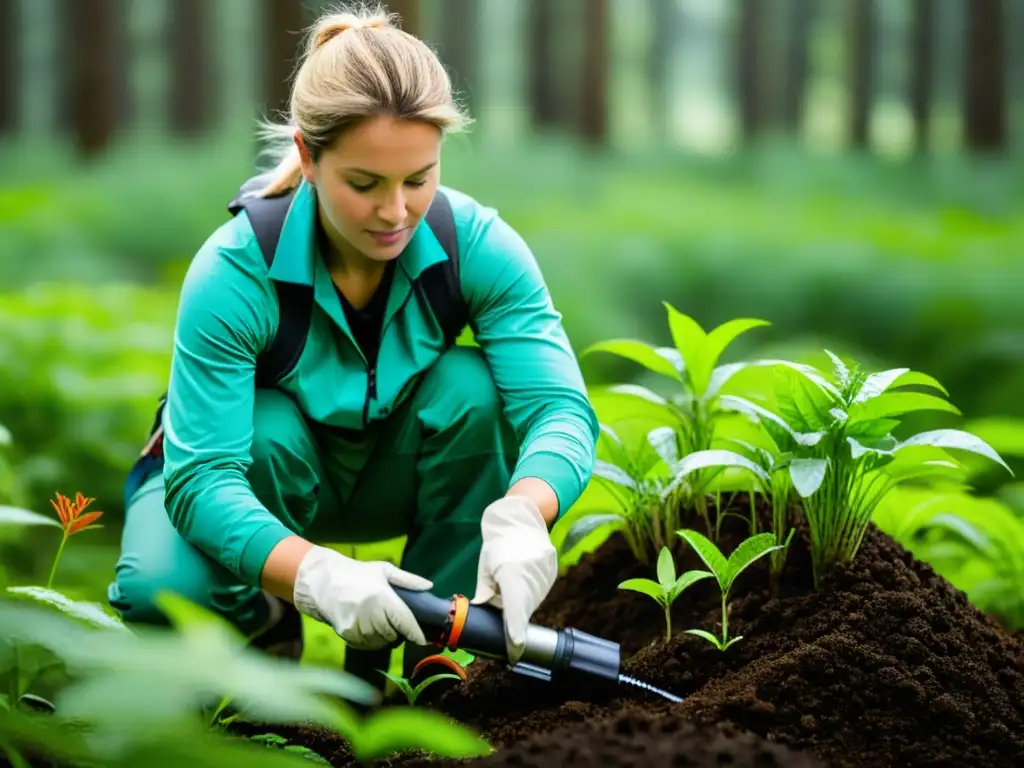 Un ecologista profesional toma muestras de suelo en un ecosistema diverso, utilizando herramientas multifuncionales para ecosistemas