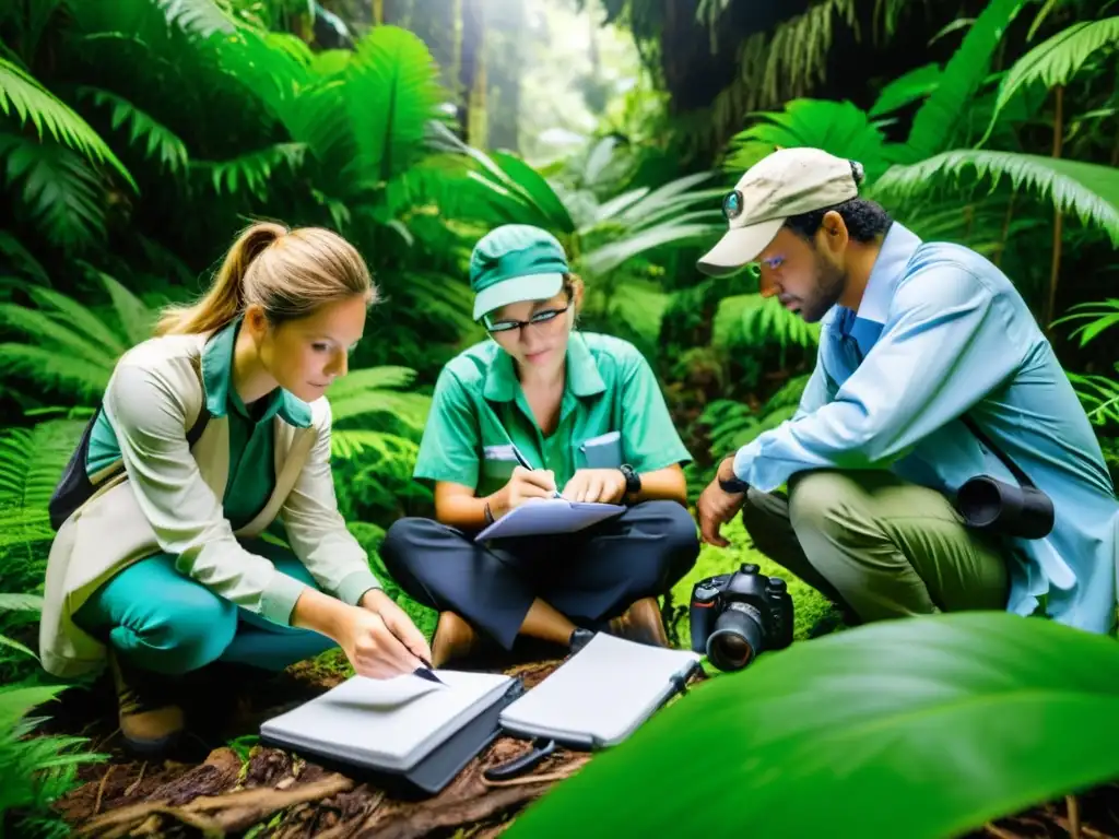 Ecologistas en un bosque lluvioso, estudiando biodiversidad con equipo avanzado