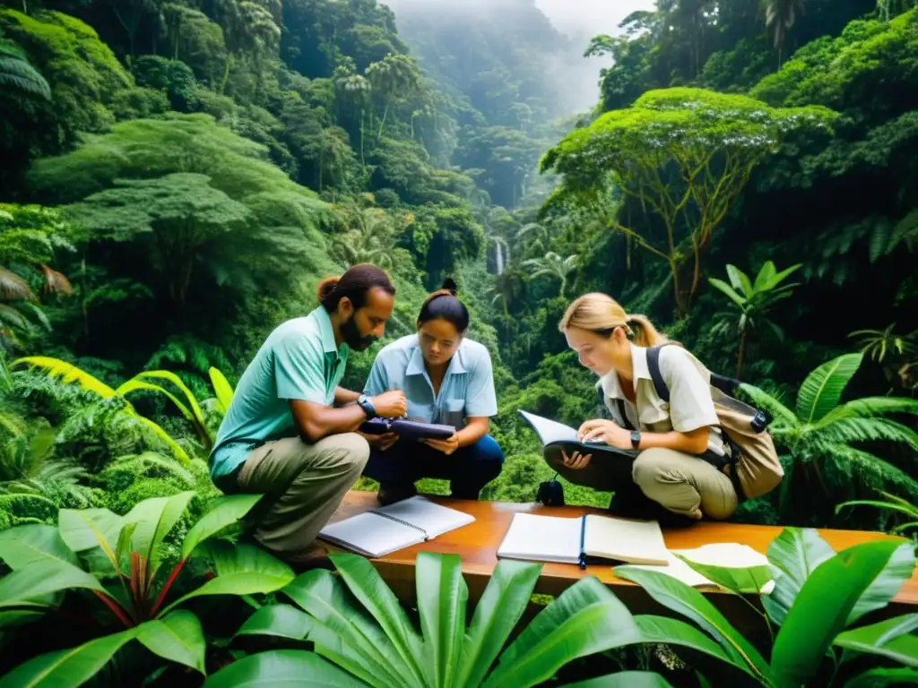 Ecologistas realizando investigación de campo en exuberante selva tropical