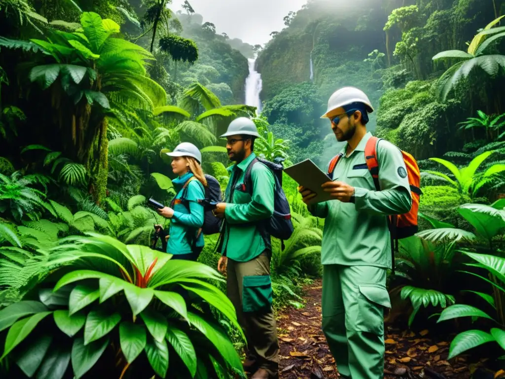 Ecologistas investigando en la exuberante selva, rodeados de vida silvestre