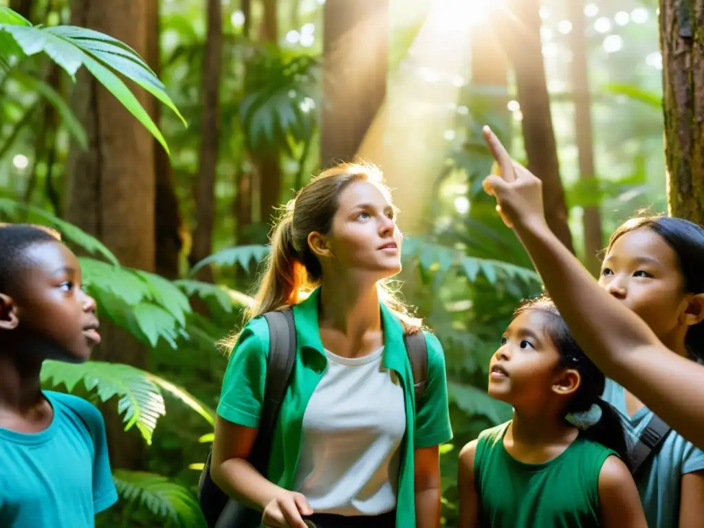 Formación ecologistas generaciones futuras: Educador ambiental guía a estudiantes en el bosque, despertando curiosidad y esperanza