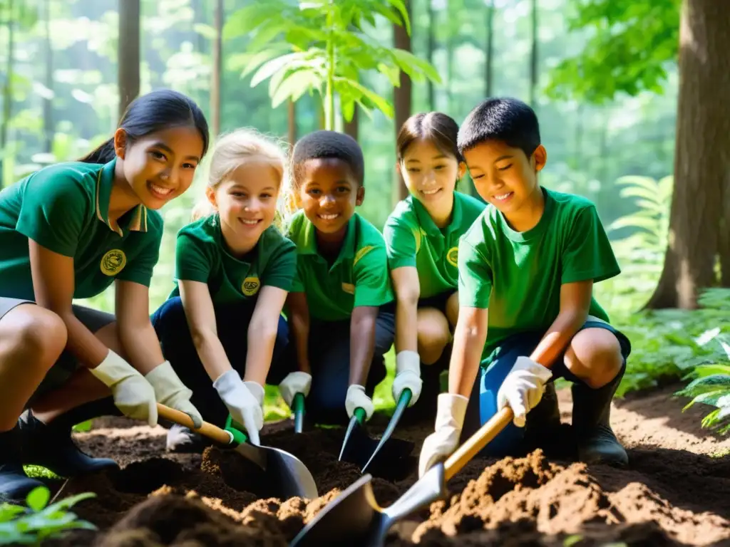 Formación ecologistas generaciones futuras: Jóvenes plantan árboles en un bosque exuberante, irradiando esperanza y determinación