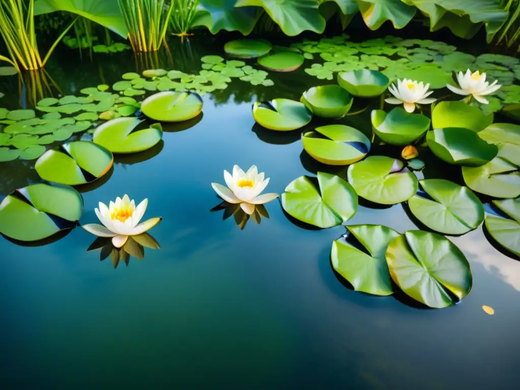 Un ecosistema acuático en un jardín, con nenúfares, peces y un ambiente sereno entre la exuberante vegetación