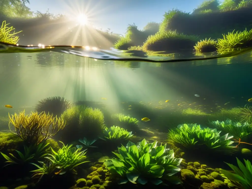 Un ecosistema acuático sereno muestra vida silvestre en un ambiente natural