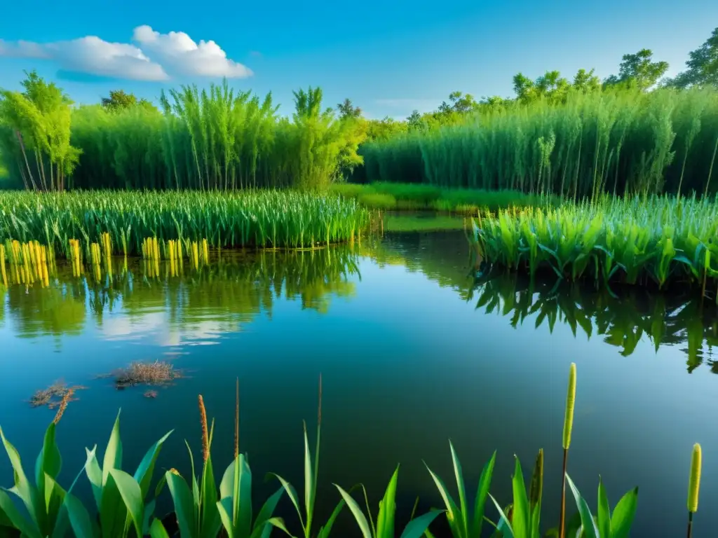 Un ecosistema acuático vibrante con plantas purificadoras, reflejos cristalinos y vida silvestre diversa