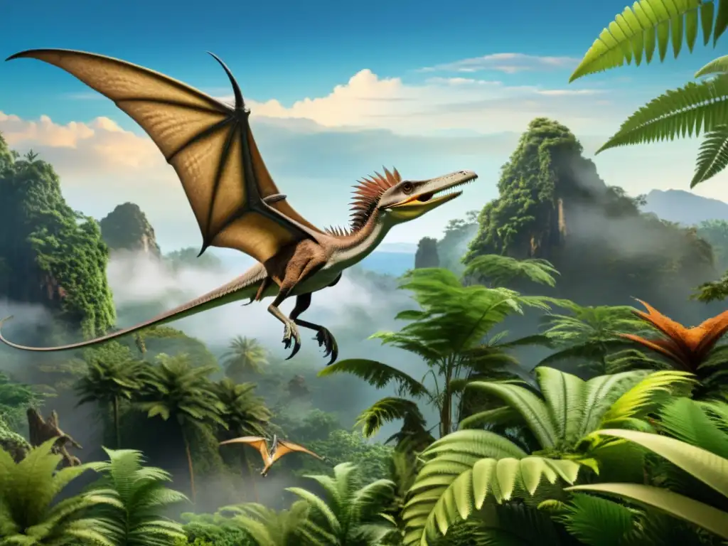 Ecosistema aéreo de los pterosaurios: Majestuoso fósil de pterosaurio en vuelo, rodeado de exuberante flora prehistórica