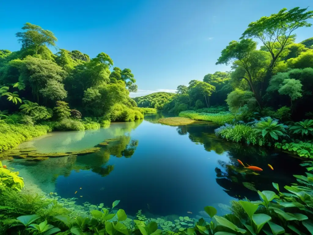 Un ecosistema de agua dulce próspero, con un río serpenteante y vida abundante entre exuberante vegetación