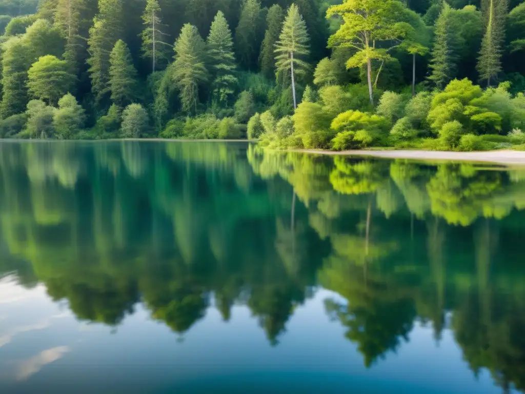 Un ecosistema de agua dulce sereno y prístino, reflejando la gestión y equilibrio frente al calentamiento global