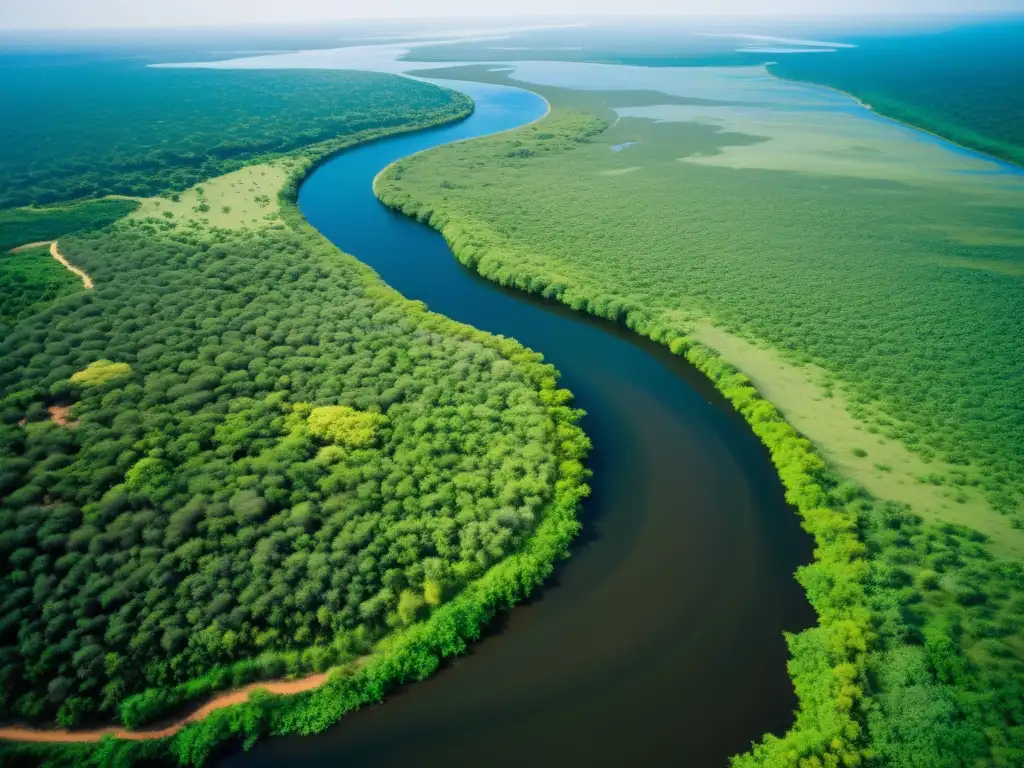 Un ecosistema degradado revitalizado por soluciones de restauración ecológica expertas, con exuberante vegetación y diversa fauna silvestre