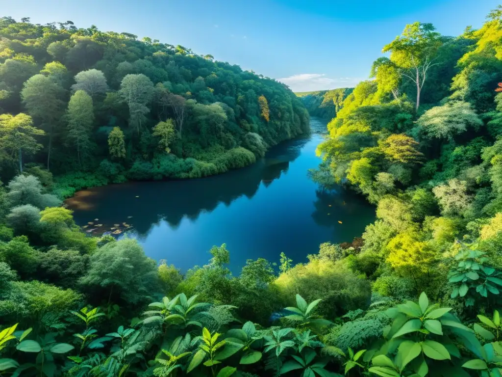 Un ecosistema diverso y vibrante: bosque exuberante, río fluido y cielo azul