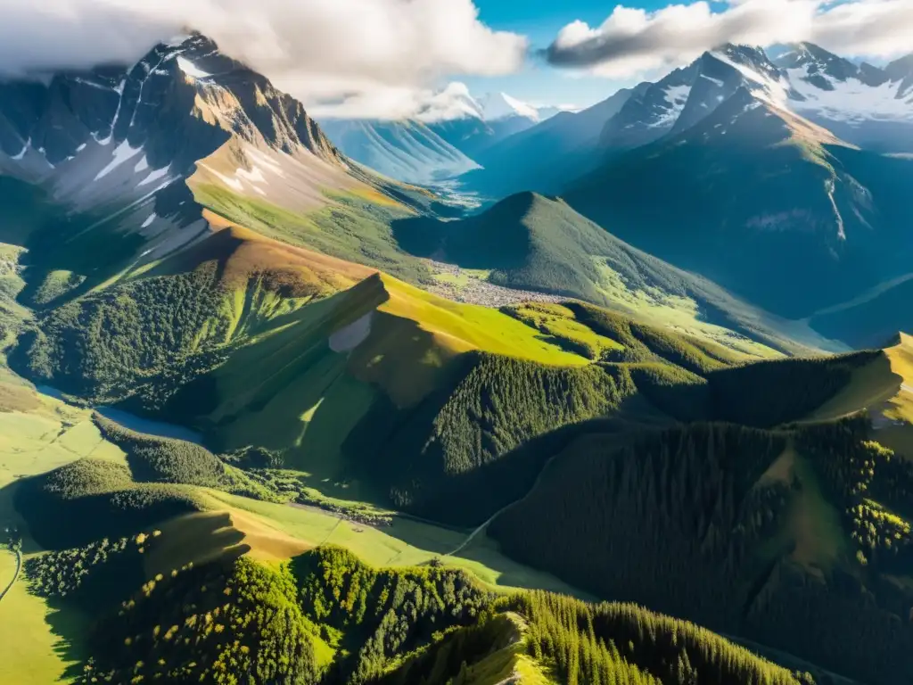 Ecosistema de montaña con especies en peligro, majestuoso paisaje nevado y valle exuberante