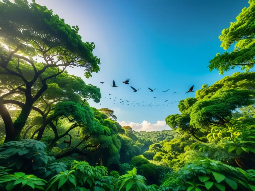 Un ecosistema avícola exuberante y vibrante, con aves en vuelo, posadas en ramas y buscando alimento