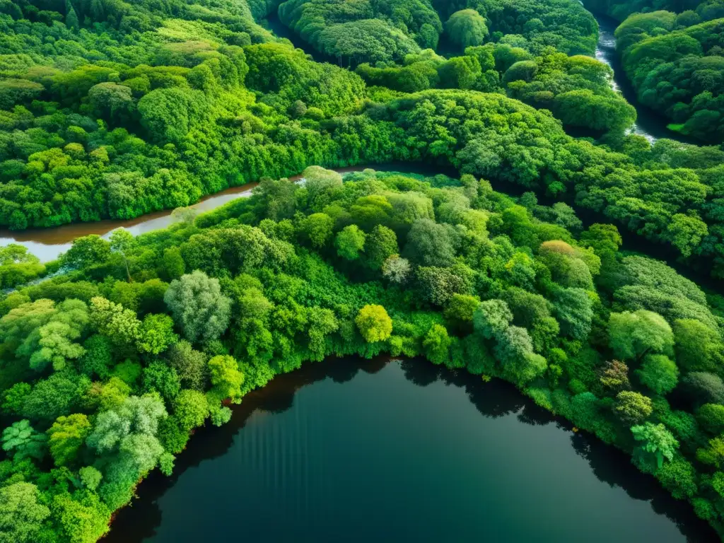 Un ecosistema exuberante y vibrante con un río serpenteante, refleja la importancia de la gestión sostenible de los ecosistemas