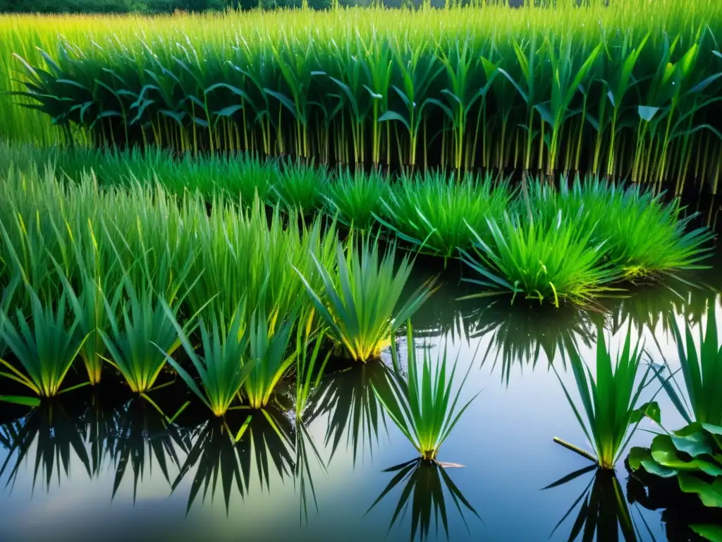 Un ecosistema de humedales exuberante con plantas absorbiendo agua, mostrando la fitoremediación en ecosistemas contaminados