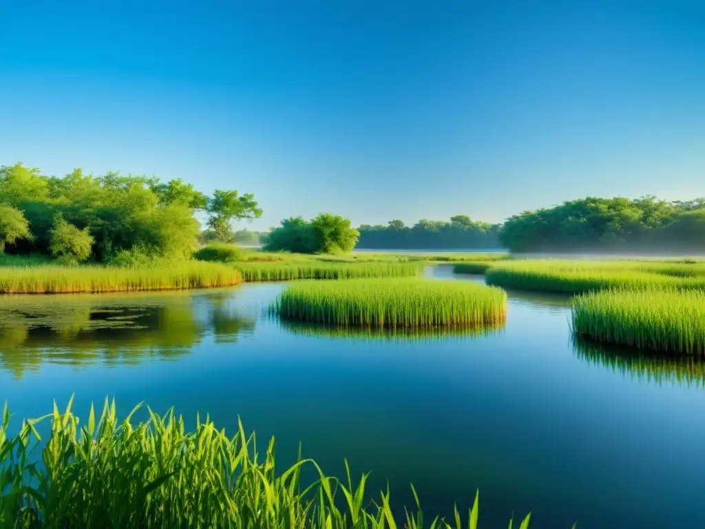 Un ecosistema húmedo exuberante con hierbas altas y un estanque sereno que refleja el cielo azul