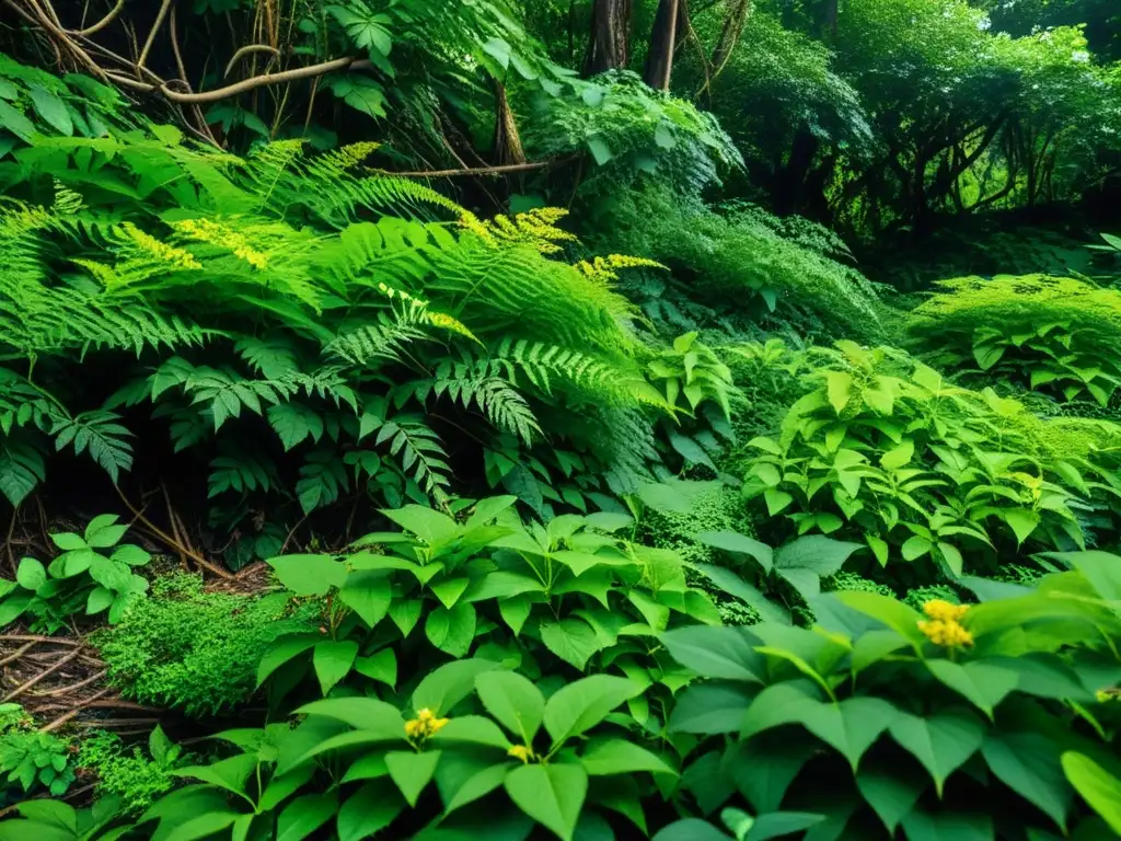 Un ecosistema invadido por especies invasoras, destacando el contraste entre la vegetación nativa y la invasora